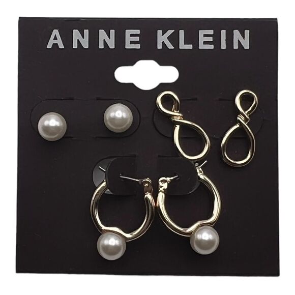 Anne Klein Gold-tone 3 Piece Set Imitation Pearl Earring White Huggies Studs NWT - Picture 2 of 3